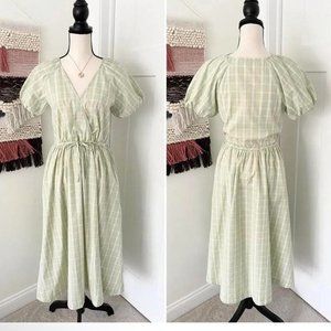 Madewell V-Neck Plaid Tie Waist Cotton Midi Dress